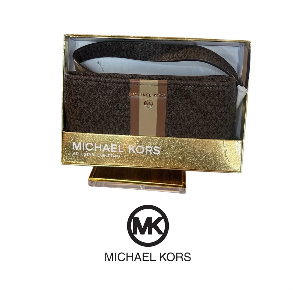 Michael Kors Monogram Crossbody Bag Brown Stripe Adjustable Belt Bag MK Signatu